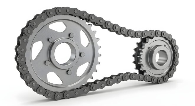 Large and small sprockets with a metallic roller chain connecting them.