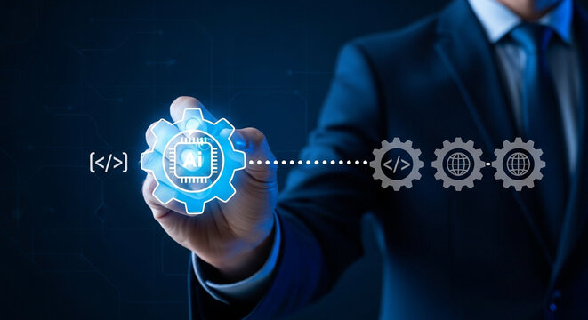Businessman Touching Gear Icons Representing Software Development Process