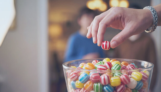 Hand picking a colorful striped candy from a glass bowl