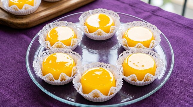 Commercial close-up food photography of traditional Brazilian quindim desserts with a glossy, golden-yellow glaze served in delicate white lace paper liners &ndash; premium confectionery branding, bakery di