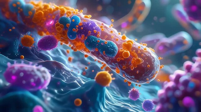 Microscopic view of rod shaped bacteria and virus cells multiplying under high magnification.