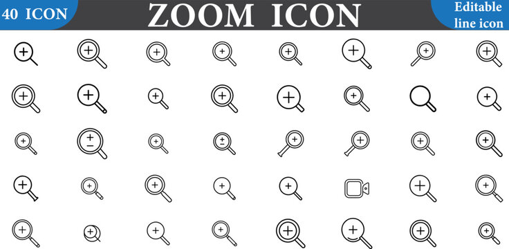 Set of zoom icons, magnifying glass with plus sign, search symbol, vector collection of line icons for web and mobile interface design