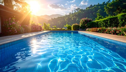 Fototapeta premium Bright swimming pool water texture, shimmering sunlight caustics, clean blue color