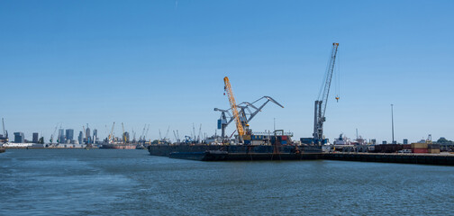 Fototapeta premium Port of Rotterdam, Netherlands. Cargo ships and cranes loading, Logistics business