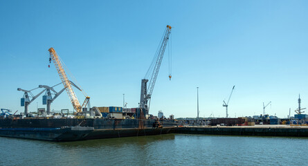 Fototapeta premium Port of Rotterdam, Netherlands. Cargo ships and cranes loading, Logistics business