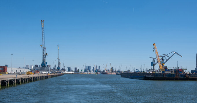 Port of Rotterdam, Netherlands. Cargo ships and cranes loading, Logistics business