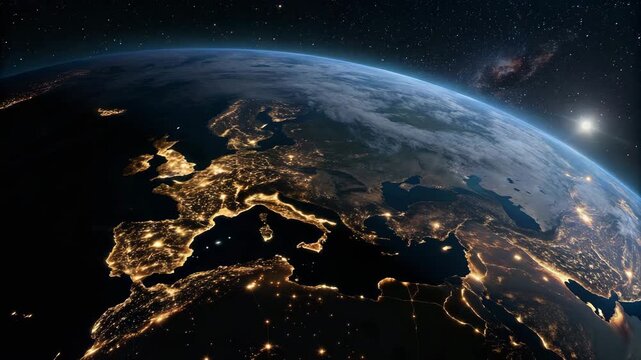Earth at night with city lights glowing from orbit during cosmic twilight with a gentle zoom out