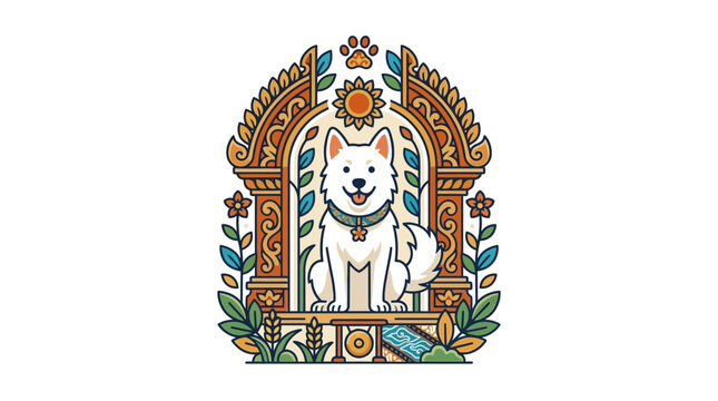 Happy Samoyed Dog Sitting in Ornate Archway with Floral Decorations