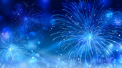 Fototapeta premium Vibrant blue fireworks bursting in the night sky, creating a festive and celebratory atmosphere.