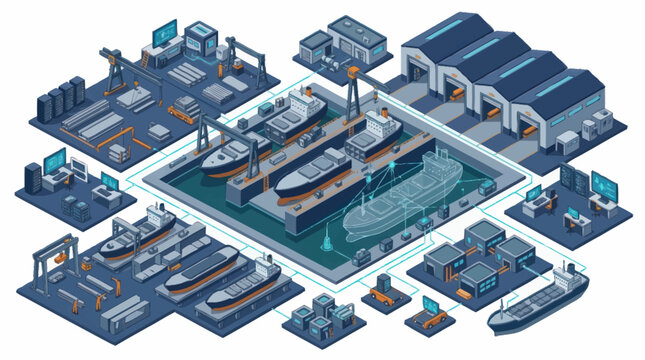Isometric illustration of a modern shipyard with ships under construction and in dry dock.