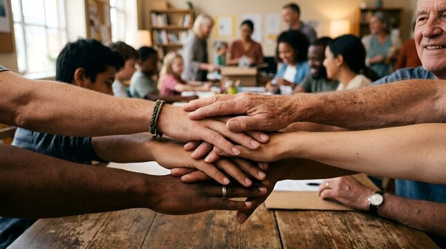 Diverse group of people stacking hands in unity, teamwork, community, collaboration
