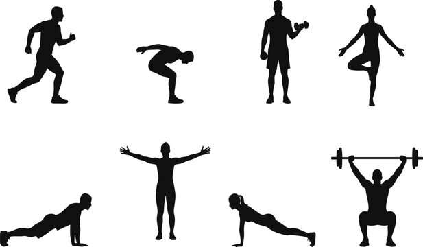 Fitness, workout, silhouettes, gym, exercise, training, weightlifting, running, yoga, healthy, lifestyle, vector, collection, athletes, sports, pushups, bodybuilding, crossfit, cardio, wellness