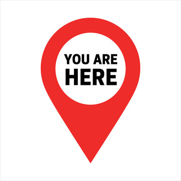 Red map pin icon with you are here text, location pointer vector, navigation marker