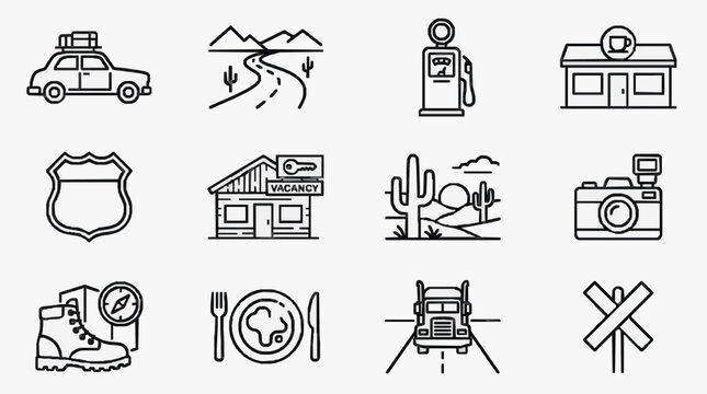 Professional Road Trip and Desert Adventure Icons Collection for Travel Planning and Exploration