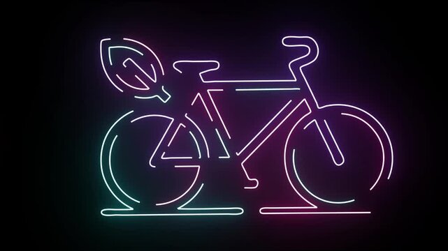 Dynamic neon bicycle icon with an ecological leaf symbol glowing vibrantly against a deep black background representing sustainable transport and environmental consciousness a modern digital design ae
