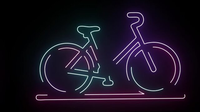 Dynamic animated neon light bicycle outline glowing with vibrant shifting colors against a deep black background showcasing modern technology and futuristic urban mobility perfect for digital projects