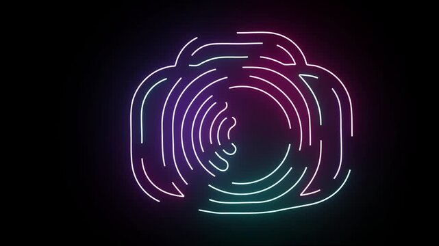 Neon Camera Symbol Vector Illustration Featuring Glowing Digital Strokes With Vibrant Blue And Purple Hues Against A Dark Background Creating A Modern Technological Aesthetic For Multimedia Design Pro