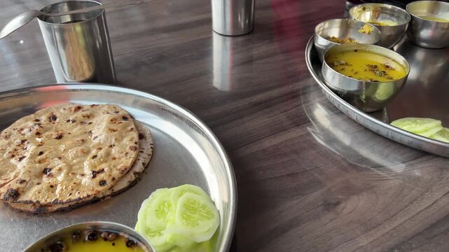 Indian Dhaba Thali Featuring Traditional Food, Roti, Dal, Sabzi, Rice, and Authentic Desi Cuisine Served in Rustic Style