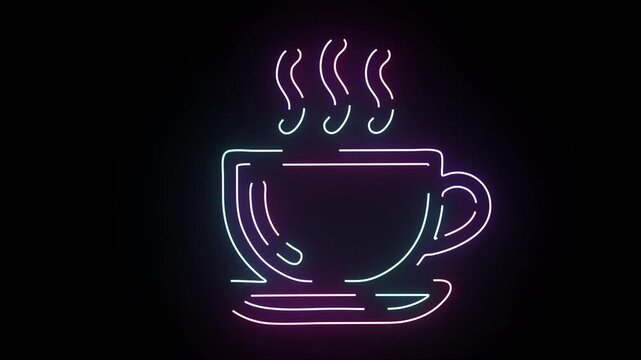 Vibrant Neon Coffee Cup Icon With Glowing Steaming Lines Animated On Solid Black Background For Modern Cafe Marketing Digital Media Projects And Refreshing Morning Beverage Promotional Video Content