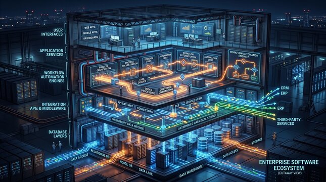 Comprehensive Enterprise Software Ecosystem and Workflow Automation Visualization