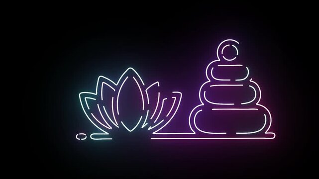 Minimalist neon vector animation featuring a glowing lotus flower next to a stack of smooth balance stones on a dark background representing tranquility meditation zen lifestyle and spiritual wellness