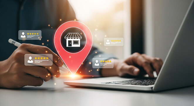 Hand Holding Phone With Local Store Location Pin And Business Icons
