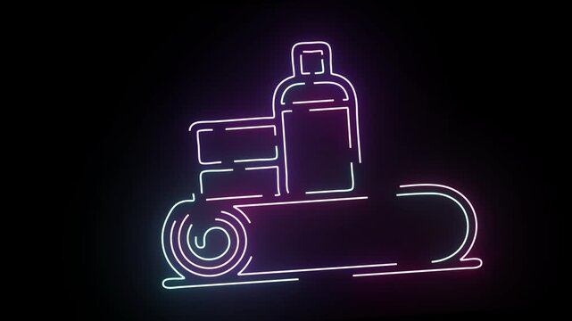Neon Line Art Animation Representing Yoga Equipment Including A Rolled Exercise Mat With A Bottle And A Small Block Placed On Top Of It Against A Solid Deep Black Background Designed For Fitness Media