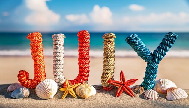 july word made of colorful wrapped rope letters standing on sandy beach with starfish and sea shells