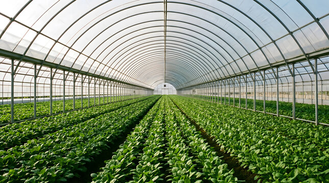 Green leafy vegetables growing in neat rows inside a modern greenhouse structure