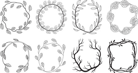 Fototapeta premium A curated selection of black and white hand-drawn frames and borders composed of intertwined vines, branches, and leafy foliage
