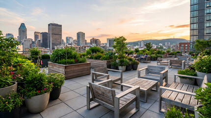 Fototapeta premium Urban rooftop garden with wooden seating furniture surrounded by potted greenery at sunset