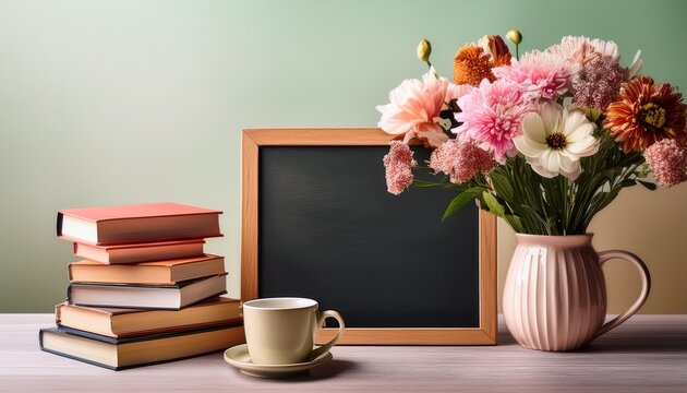 books coffee mug and flower bouquet with blackboard on table