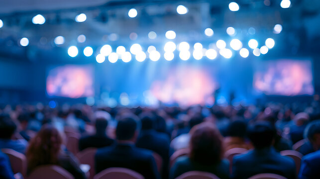 A cinematic wide, blurred view of a conference hall with a softly defocused presentation stage, illuminated by light, in front of a seated audience in silhouette