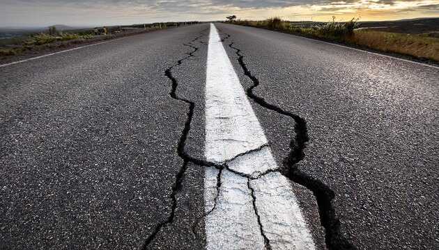 a crumbling asphalt road with a severely cracked and broken white line representing decaying infrastructure neglect and a difficult path or journey