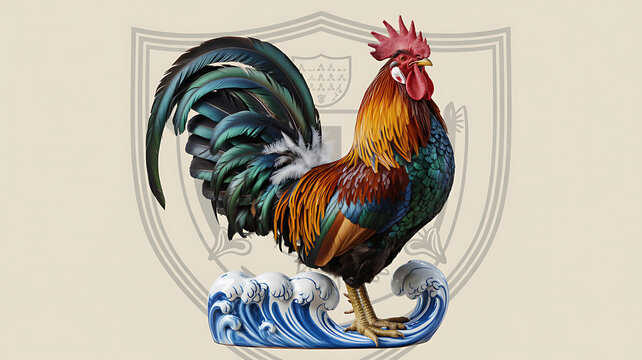 Vibrant rooster, colorful crest, wave design, shield emblem