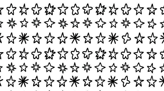 An array of hand-drawn star shapes, showcasing a variety of distinctively whimsical designs, arranged in a neat grid pattern.