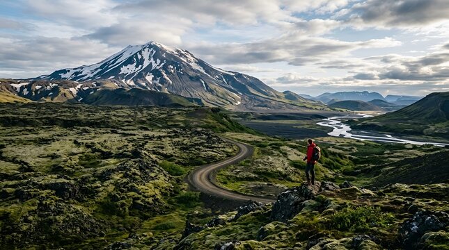 Lone hiker observes winding road and snow-capped mountain landscape in Iceland