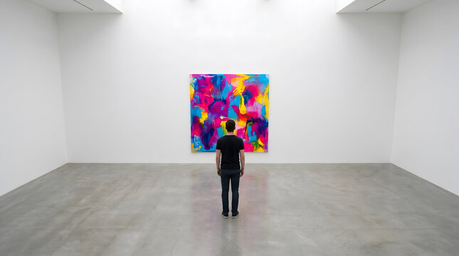 A man standing with his back facing the camera observing a vibrant abstract painting in a minimalist art gallery