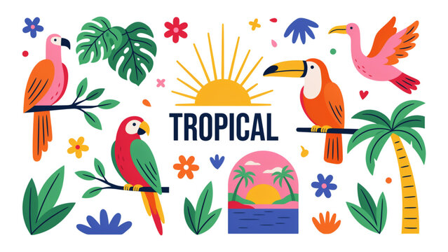 Colorful tropical birds and flowers illustration with vibrant parrots and foliage