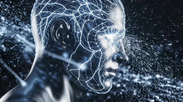 A digital illustration of a human head with glowing blue neural connections and particles.