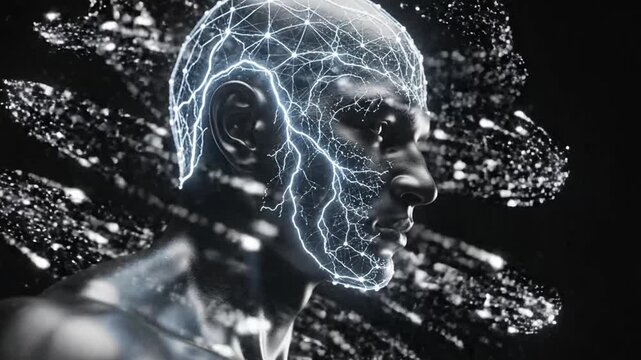 A futuristic illustration of a human head with glowing blue neural network lines and digital particles swirling around it in a dark space.