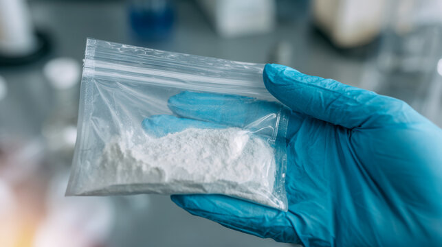 Gloved hand holding plastic bag with white powder