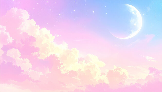 Dreamy Pastel Sky with Crescent Moon and Fluffy Clouds