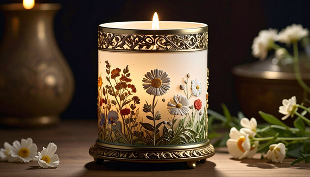Elegant Lit Candle with Gold Trim and Embossed Wildflowers