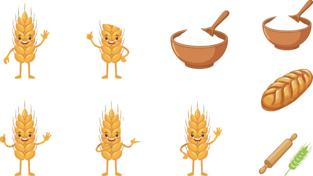 cartoon wheat characters and baking ingredients on white background