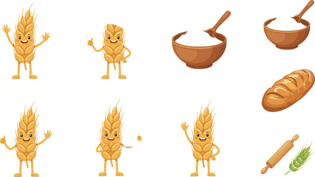 Cartoon wheat characters and baking ingredients on white background