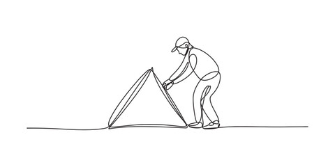 Continuous single line drawing of a man setting up a camping tent for outdoor adventure Vector, illustration © SMCM Vector