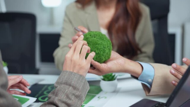 Corporate professionals in an office meeting collaborating on an environmental project, passing a green moss ball as a symbol of their commitment to sustainable and eco friendly business practices