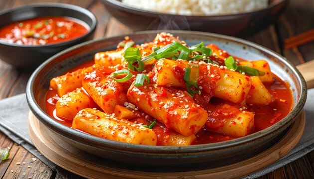 Delicious Spicy Korean Tteokbokki Rice Cakes with Green Onions