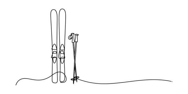 Continuous single line drawing of a pair of skis and ski poles for winter sports and skiing activity Vector, illustration